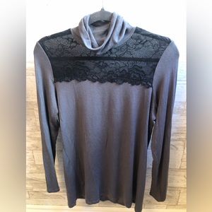 Grey Long-Sleeved Shirt with Black Lace Accent